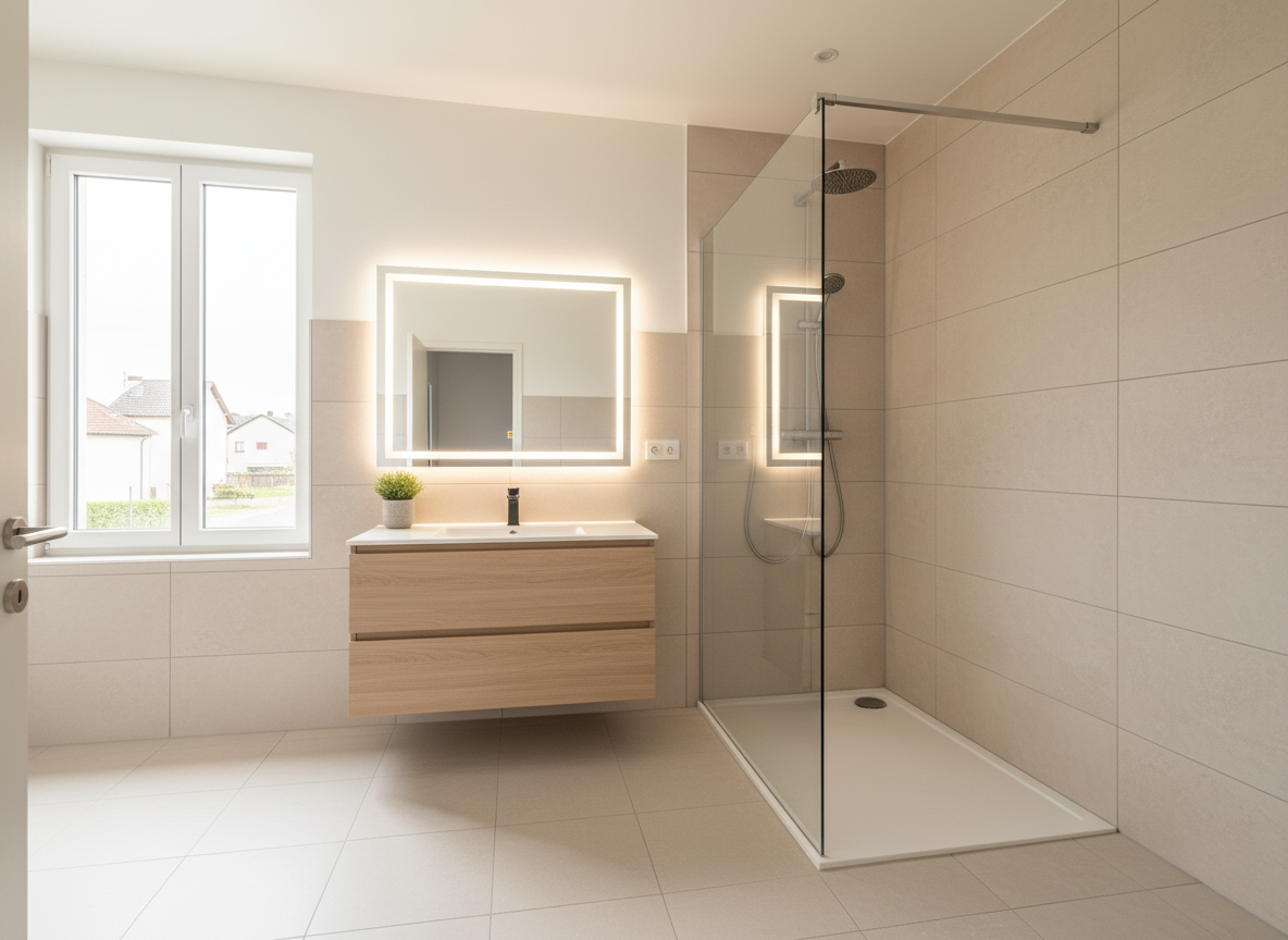 Artisan finalisant l'installation d'un meuble de salle de bain